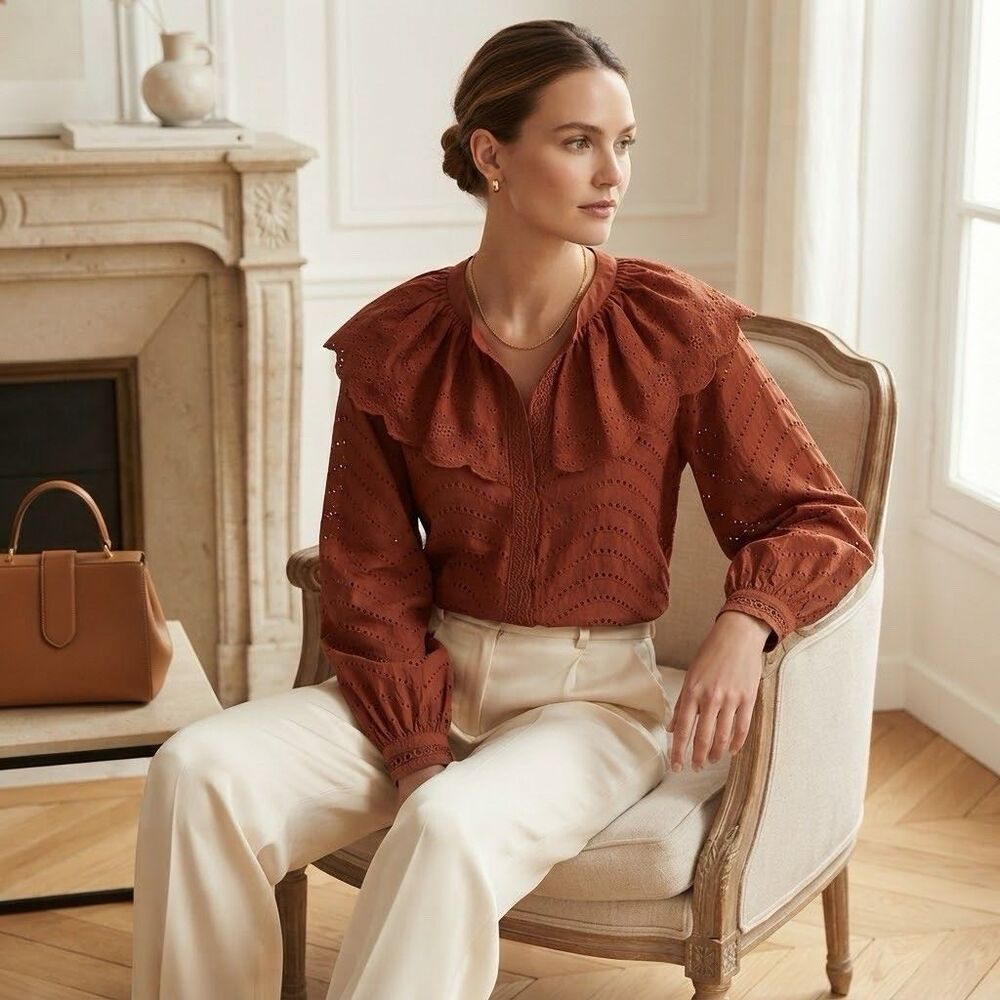 NWT Caroline Constas Rust Eyelet Lace Ruffle Collar Blouse M Cottagecore Peasant